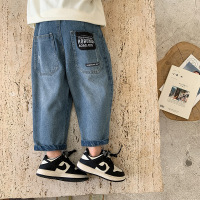 Jusen Shayu童裤2022春秋新款儿童宽松洋气贴标牛仔裤男童韩版长