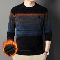 Ceba秋冬中年男士雪尼尔针织衫长袖圆领条纹加绒加厚保暖打底衫