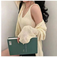 韩版初秋2022新款清凉麻料背心开衫宽松衫针织两件套