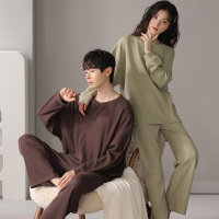 Ceba秋季新款情侣睡衣女纯色休闲宽松圆领男士长袖长裤家居服套
