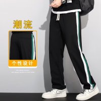 Three Sons宽松直筒运动裤男秋季潮流网红感绿边撞色条纹阔腿显