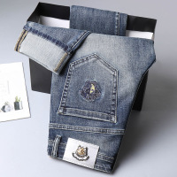 Brookings跨进秋冬刺绣牛仔裤男小脚修身潮牌中腰弹力男式牛仔裤