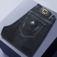 Brookings高品质韩版黑灰休闲牛仔裤男秋冬季小蜜蜂男士弹力小脚