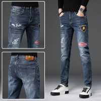 Brookings2022秋冬新款牛仔裤男烫图弹力修身韩版潮流绣花男装百