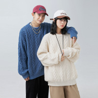 Jusen Shayu日系男装 圆领毛衣男2022秋冬款日系宽松绞花纹理圆