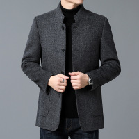 秋冬中年休闲羊毛大衣双面尼单排扣立领上衣宽松男士外套呢子夹
