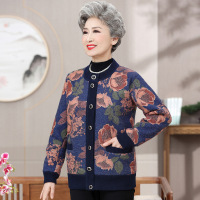 时尚印花老太太上衣长袖保暖开衫加绒加厚老年女装70-80冬季新款