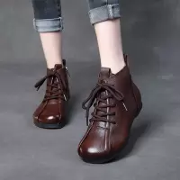 DBMG头层牛皮休闲手工平底短靴女系带平跟舒适软底文艺复古靴子