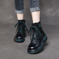 DBMG头层牛皮拼色马丁靴女2022秋冬新款系带防滑单靴软底百搭靴