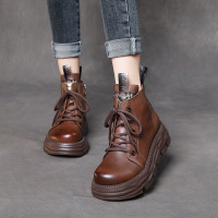 DBMG头层牛皮松糕靴子2022冬季新款复古手工系带软底轻便马丁靴