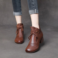 DBMG粗跟民族风手工靴子女中老年妈妈鞋秋冬新款头层牛皮中跟女