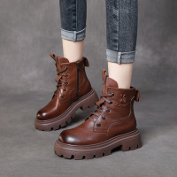 DBMG复古手工靴子轻便松糕跟头层牛皮系带马丁靴女2022冬季新款