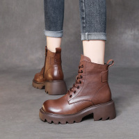 DBMG复古手工粗跟厚底松糕鞋马丁靴女系带简约百搭高跟冬天新款