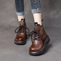 DBMG头层牛皮松糕靴子复古手工系带马丁靴女2022冬季新款高跟单