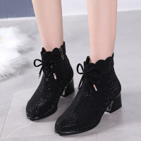 Jusen Shayu时尚烫钻女士短靴中跟粗跟低筒靴子2022秋冬新款大码