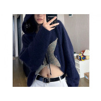 Three Sons慵懒风撞色五角星连帽外套女2022年秋季宽松不规则露