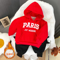 Three Sons童装宝宝冬装中国红色加绒加厚男童连帽卫衣炸街冬装