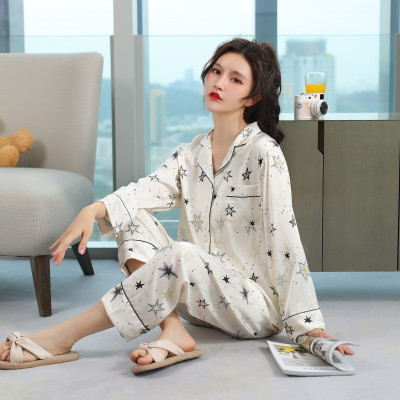 Ceba星星冰丝睡衣女春秋薄款开衫长袖长裤套装感家居服