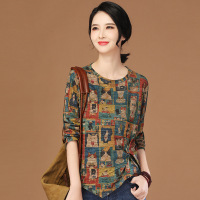 Brookings小猫印花圆领长袖t恤女士2023年春装新款复古不规则打