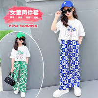 Brookings女童短袖套装夏装2023新款儿童洋气桃心棋盘格防蚊阔腿