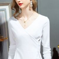 Ceba2023新款女装长袖t恤女白色开叉春款设计感不规则上衣洋气小