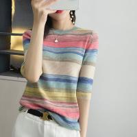 DBMG夏季精纺羊毛条纹套头短袖薄款针织打底短款针织内搭上衣