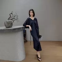 Ceba新款中式睡裙夏季一字肩缎面冰丝睡衣女大码家居服可外穿