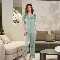 Ceba浅粉感纯色冰丝睡衣女夏季薄款短袖长裤两件套丝质家居服