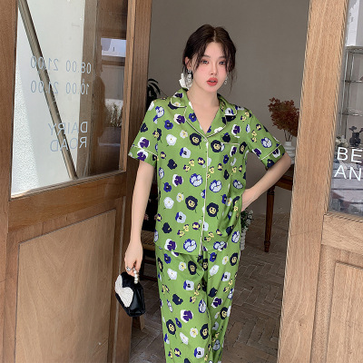 Ceba新款冰丝睡衣女士夏季凉感丝滑薄款绿底花朵长袖长裤套装