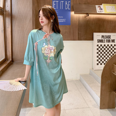 Ceba新中式缎面睡裙夏季冰丝薄款睡衣女气质国风家居服可外穿