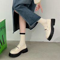 Three Sons复古黑色厚底乐福鞋女春秋2023新款一脚蹬粗跟百搭英