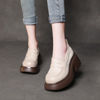 DBMG粗跟厚底时装单鞋春秋新款头层牛皮高跟松糕鞋套脚女鞋