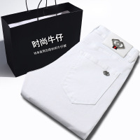 Brookings欧货潮流休闲刺绣牛仔裤男直筒修身男士白色长裤潮牌牛