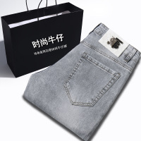 Brookings欧货灰色贴标四季款蓝色牛仔裤青年男装潮牌修身小脚休