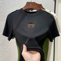 Ceba短袖t恤女2023夏新款女装纯色肩章设计体恤钉珠上衣