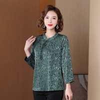 春夏款妈妈圆领上衣漂亮洋气小衫仿真丝提花T恤宽松大码遮肚上衣