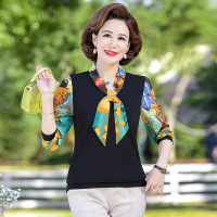 妈妈春装减龄小衫中年人春秋洋气针织纱袖t恤中老年女装薄款上衣