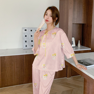 Ceba新中式睡衣女缎面提花春夏薄款短袖长裤两件套丝质家居服