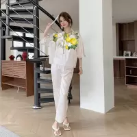 Ceba新中式睡衣女缎面提花春夏薄款短袖长裤两件套丝质家居服