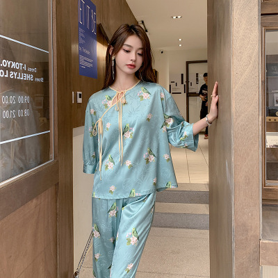 Ceba新中式睡衣女缎面提花春夏薄款短袖长裤两件套丝质家居服