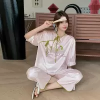 Ceba新中式睡衣女缎面提花春夏薄款短袖长裤两件套丝质家居服