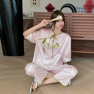 Ceba新中式睡衣女缎面提花春夏薄款短袖长裤两件套丝质家居服