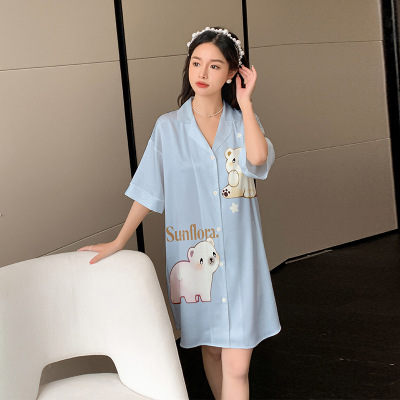 Ceba睡衣女缎面睡裙夏季冰丝薄款大码可爱卡通家居服可外穿
