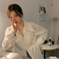 Three Sons春季双拉链白衬衫女纯色新款内搭打底女装衬衣春装别