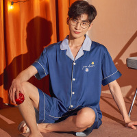 DBMG睡衣男士冰丝夏季开衫短袖男士家居服卡通大码丝绸短裤套装