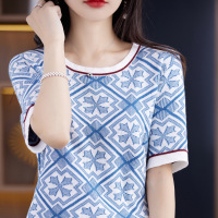 Ceen Bulled2023新款时尚几何印花棉线短袖女上衣夏季清凉透气拼