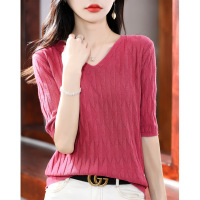 Ceen BulledV领菱形短袖女2023春夏新款针织T恤衫纯色宽松大码半