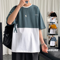 短袖T恤男夏季潮牌拼接百搭ins宽松情侣圆领体恤上衣性别打底衫