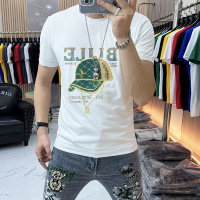 欧洲站夏季新款短袖T恤男修身棒球帽烫金欧货圆领体恤男丝光棉潮