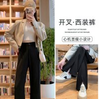 Ceba开叉西装裤女薄款夏季直筒休闲职业正装高腰显瘦黑色微喇叭